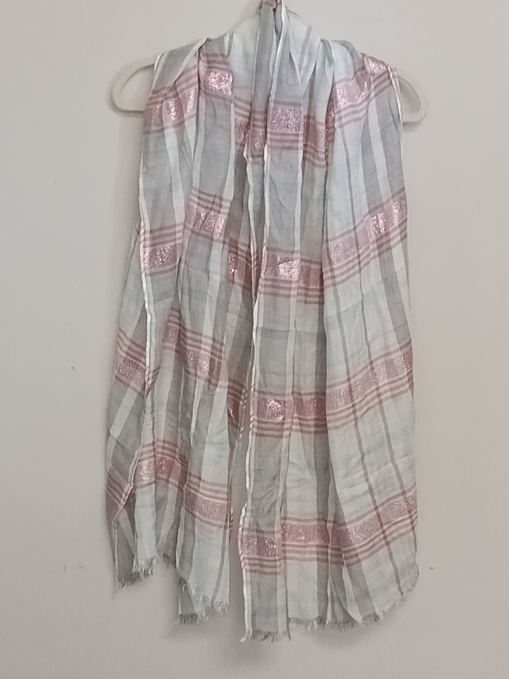 Lands' End Lightweight Airy Flowy Gray Pink Shimmer Plaid Scarf Wrap Feminine